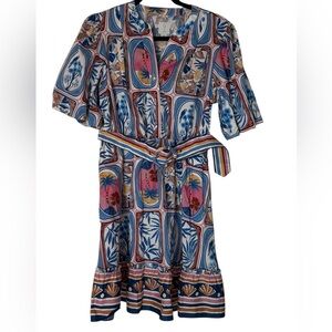 Joie Blue Multi-Color Printed Mini Dress with Striped Belt
